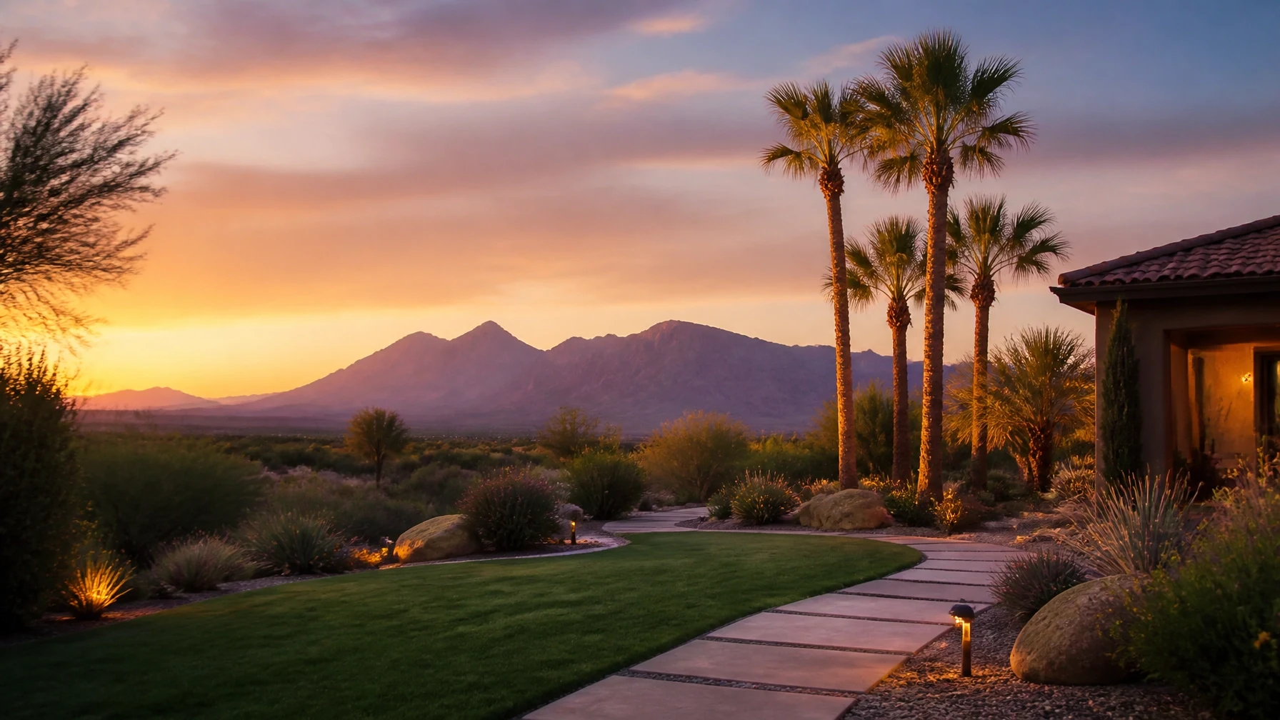Lush green landscaping and hardscape pathways in front of purple desert foothills