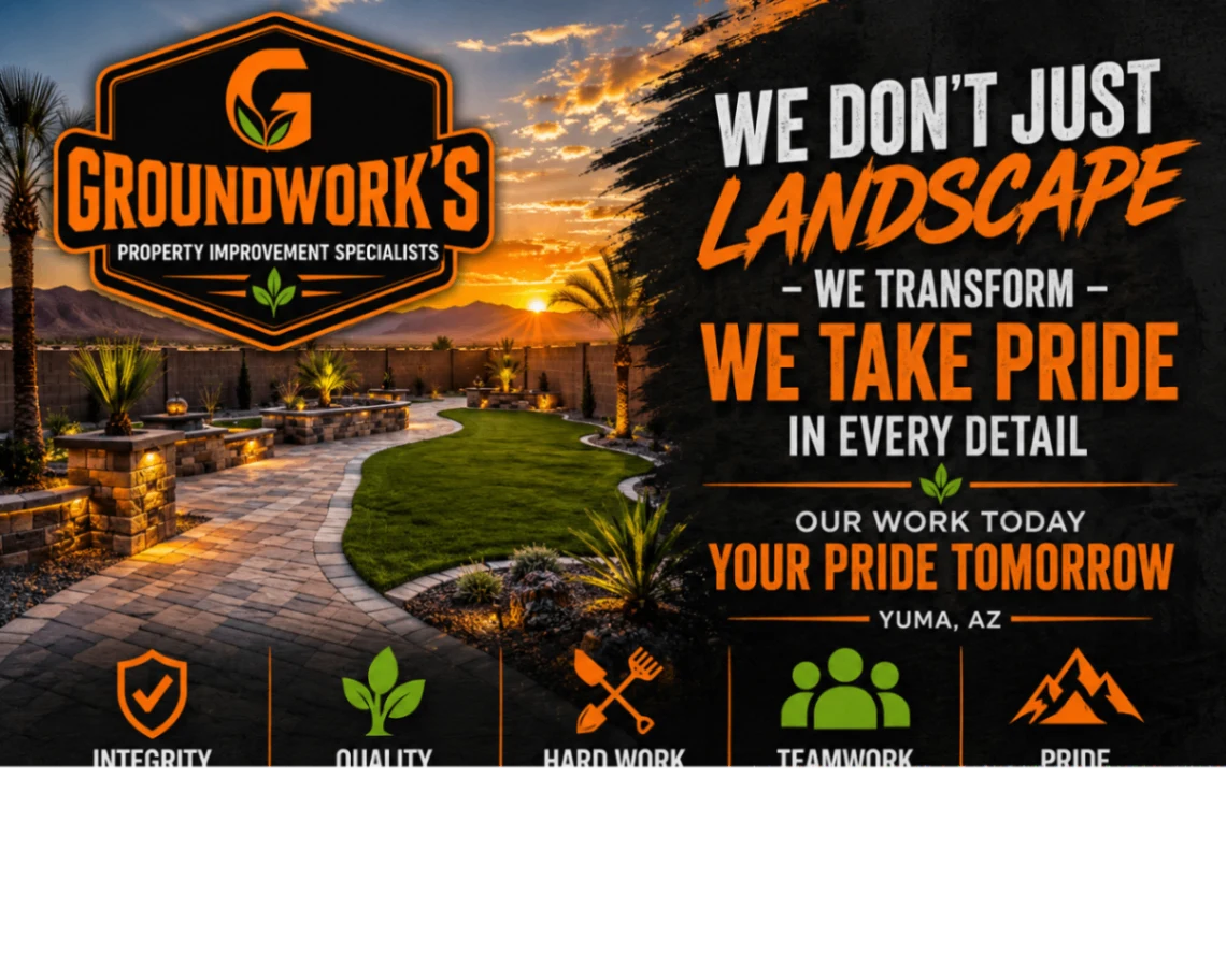 Groundwork's brand image showing a desert-friendly landscaped property at sunset